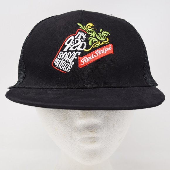 Red Stripe Cap Its 420 Somewhere Jamaica Beer Mesh Snapback Hat Unisex Black - Picture 2 of 8